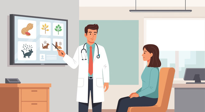 Allergy test concept. Doctor consults female patient. Allergies and health.