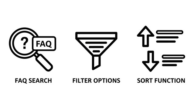 Set of three outline user interface icons showing faq search data filter options sorting functionality for web and app navigation web design app development frequently asked questions