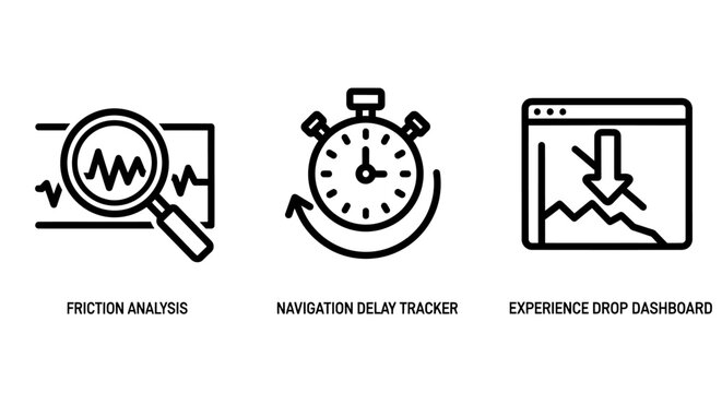 Set of three outline icons for performance analysis website response time tracking data monitoring dashboard with decreasing chart user experience web development magnifying glass down arrow