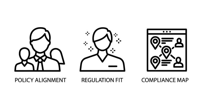 Policy alignment regulation fit compliance map icons representing corporate governance and business standards with legal counsel line art regulatory management strategy agreement consistency