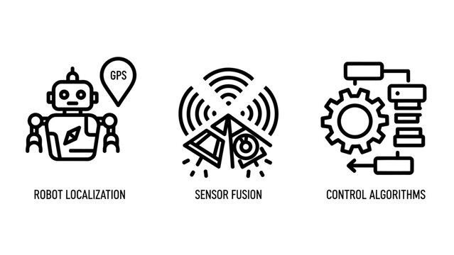 Robotics and AI icons: robot localization sensor fusion control algorithms with artificial intelligence machine learning deep learning line art black white robotics automation technology