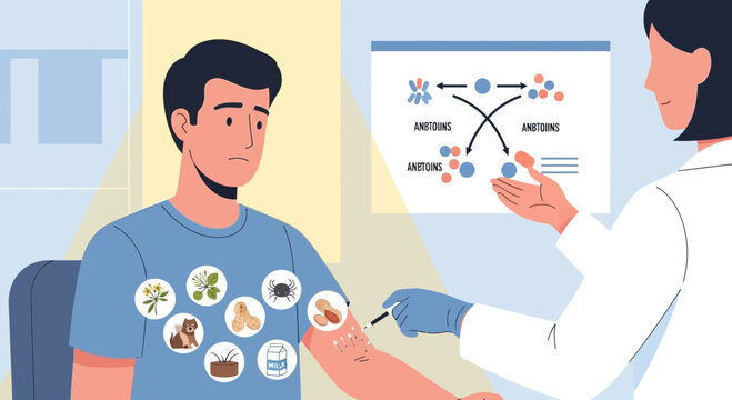 Man allergy tested by doctor for allergens cartoon illustration