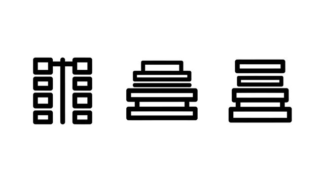 Data organization and storage stack icons set for database and layered information systems with line art black and white big data server rack data center digital archive database organization