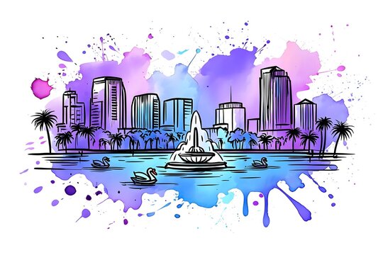 Orlando skyline watercolor splash art with swans and palm trees