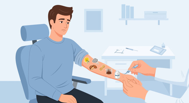 Patient with food allergy test being performed by doctor.