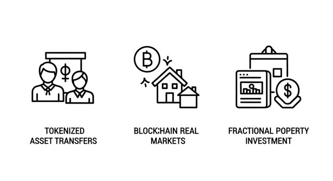 Blockchain and digital asset investment icons featuring tokenized transfers crypto real estate fractional property smart contract digital currency blockchain investment tokenized cryptocurrency