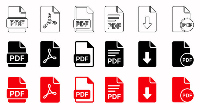 Collection of various pdf file icons in different styles and colors on a white background