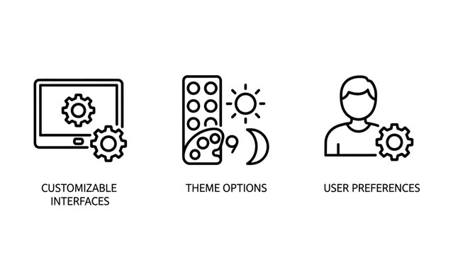 Customizable user interface and theme options icons for personal preferences and display settings with customizable interface preferences personal cogwheel computer personalize customize