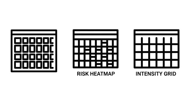 Business data visualization icons featuring risk heatmap and intensity grid charts for analysis and project management intensity visualization analytics business information management analysis