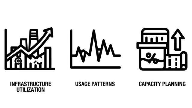 Industrial business analytics icons depicting infrastructure utilization usage patterns and capacity planning graphs with business infrastructure utilization patterns capacity planning analytics