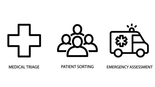 Medical triage patient sorting and emergency assessment icon set featuring healthcare symbols of a first aid cross medical staff group and ambulance emergency vehicle emergency assessment ambulance