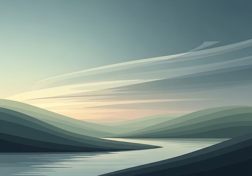 Abstract landscape illustration with river flowing through rolling hills under a cloudy sky