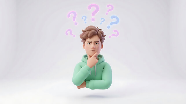 3D render of man thinking with floating question marks against white background