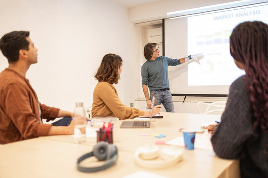 Team meeting in coworking office with market analysis