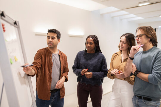 Coworking team discussing ideas at whiteboard in office