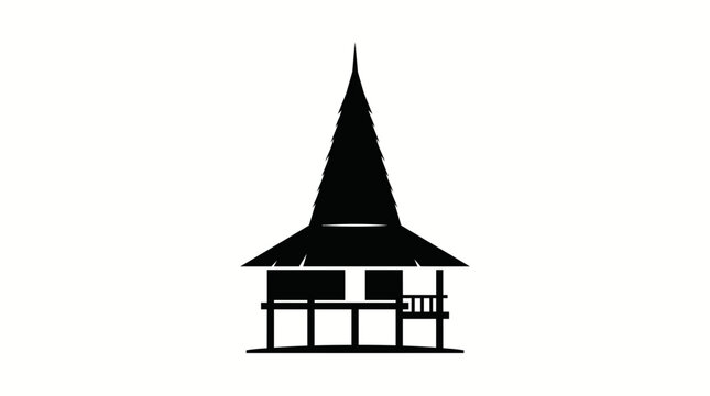 Minimal vector silhouette of traditional Sumba house featuring iconic tall pointed roof, tribal architectural style, clean SVG design, scalable and isolated on white background.