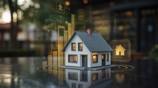 Miniature house model with digital real estate data visualization graphics