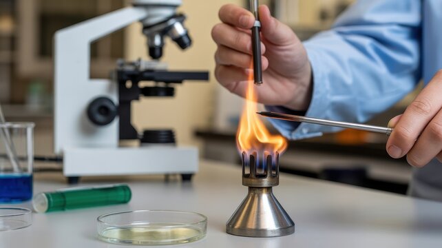 Scientist sterilizing inoculation loop over Bunsen burner in laboratory