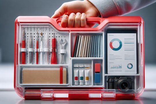 Transparent red toolbox with office supplies tools and analytics tablet held by hand for business productivity and creative work
