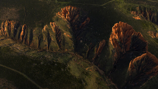 Aerial view of sandcolour badlands ridges in Guadalajara Spain