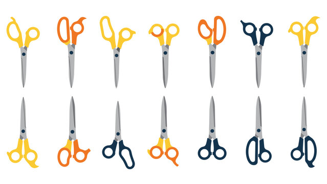 Wide variety of scissors with colorful plastic handles in shades of yellow, orange, and blue shown in open and closed positions for craft.