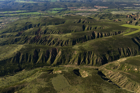 Aerial spring badlands landscape near Guadalajara, Spain
