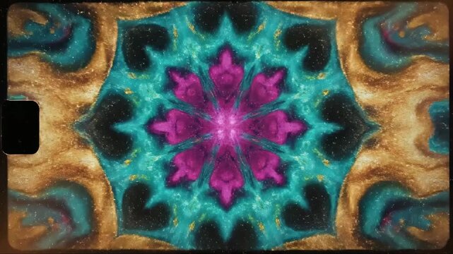Intricate kaleidoscopic pattern displays a vibrant mandala-like floral design with swirling teal, gold, and magenta hues, evoking a sense of spiritual symmetry and organic artistry suitable