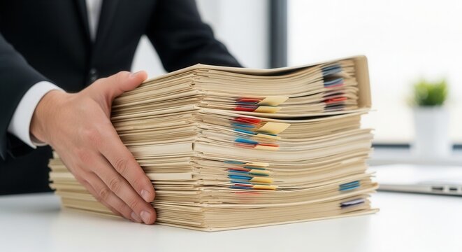Close-up of businessman hands in black suit stabilizing tall stack of paper document folders with colorful index tabs on white office desk with blurred laptop and plant. Concept of bureaucracy and pap