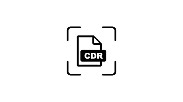 Animation of scanning cdr vector file icon with green laser beam on white background with focus frame.