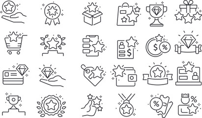 Fototapeta premium Exclusive benefit prize incentive and reward editable stroke outline icons set isolated on white background flat vector illustration