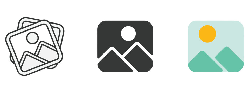 Image icon, photo gallery, snapshot, photograph button, and painting frame symbols for media and UI design.