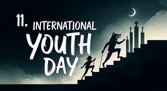 Wolf like figure helping small child climb steps towards tall arrows for international youth day.