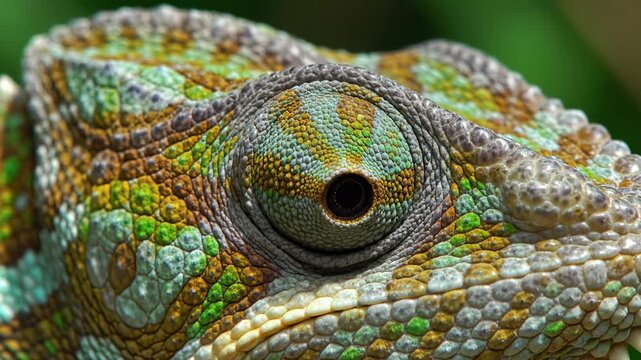 A fascinating, intricate eye of a chameleon showcases its scaly texture and remarkable ability to change colors, blending seamlessly with its vibrant, leafy surroundings in a nature setting
