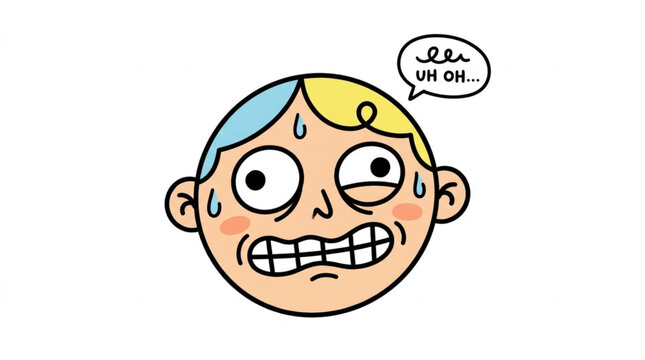 Worried person with sweat drops and uh oh speech bubble.