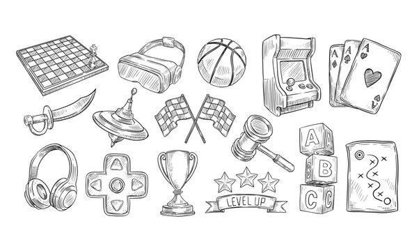 Board games doodles set hand drawn vector illustration sketch icons of cards dice and pawns checkers