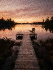 Fototapeta premium Peaceful Lake Sunset Painting, Wooden Dock Landscape Artwork, Serene Nature Reflection Scene with Rustic Pier, Forest Silhouette and Textured Oil Canvas Background