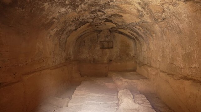 View of Tomb 3 interior at Archaeological Site of the Tombs of the Kings on a sunny day, Paphos, Cyprus