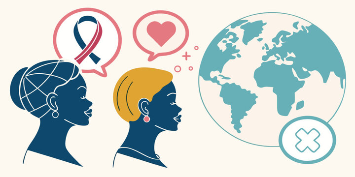 Global health support and awareness for people around world with heart and ribbon symbols.