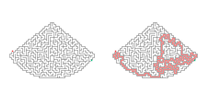 Diamond shaped labyrinth puzzle with red path solution. Navigation and logic concept. Flat icon for mobile app interface. vector illustration