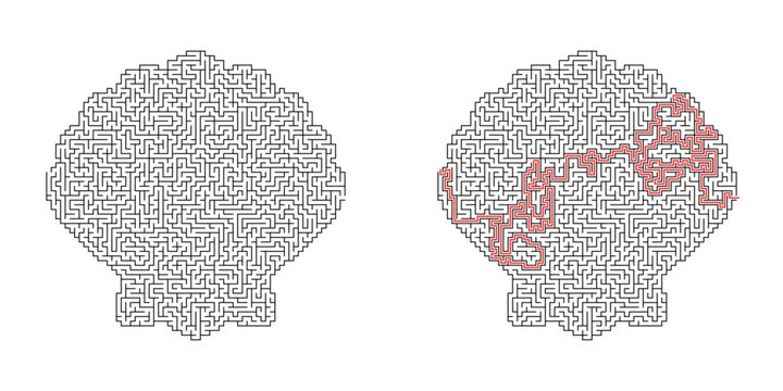 Scallop shell silhouette filled with square grid maze and red solution path. Vector illustration for logic puzzle and brain teaser concept. vector illustration