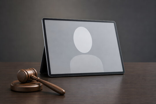 Digital tablet with user profile icon and wooden judge gavel on desk