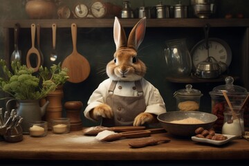 Fototapeta premium Whimsical rabbit chef preparing ingredients like flour and nuts for baking in a farmhouse kitchen