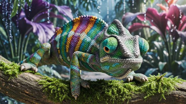 A whimsical, vibrant chameleon with a wonderfully patterned skin displays its incredible camouflage abilities while perched on a moss-covered branch, surrounded by lush, exotic foliage