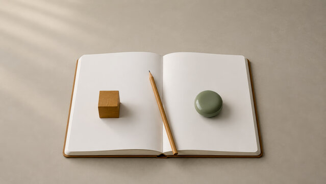 Minimalist notebook with pencil and geometric objects on beige background