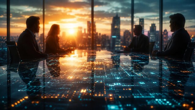 A group of businesspeople silhouettes discuss strategies against a stunning sunset backdrop, highlighting corporate collaboration and innovation.