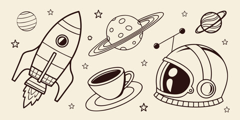 Space exploration doodles collection with astronaut helmet and rocket. © SarwarGfx