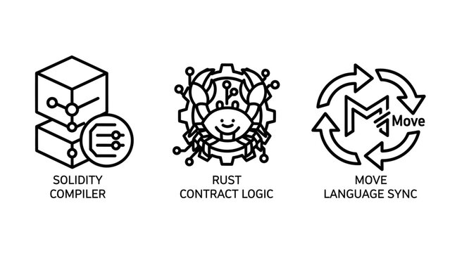 Blockchain programming language icons for solidity compiler rust contract logic and move language sync with blockchain programming language developer software technology solidity compiler