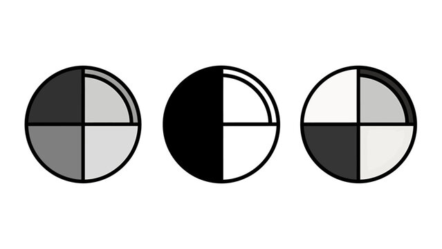Set of circular calibration icons with black and white quadrants for testing contrast focus and exposure measurement quadrant contrast calibration exposure photography measurement technical