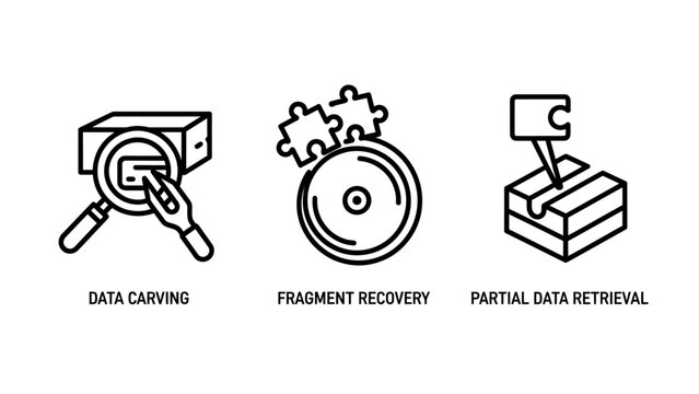 Data forensic icons set illustrating data carving fragment recovery and partial data retrieval techniques for digital security and cyber investigation with forensic recovery fragment retrieval