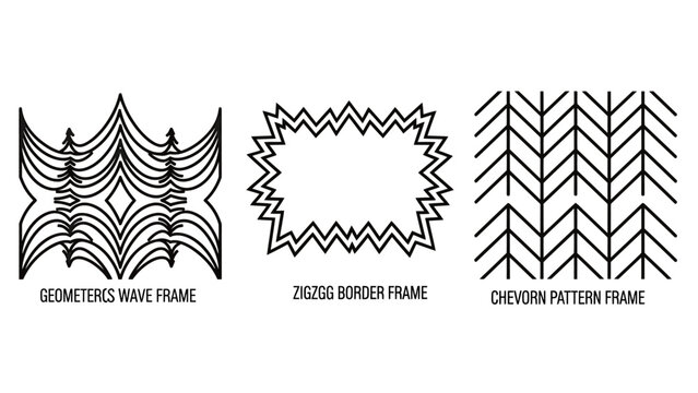 Set of three decorative black and white graphic frames with geometric waves jagged borders and chevron patterns for creative design geometric ornament decorative collection background abstract